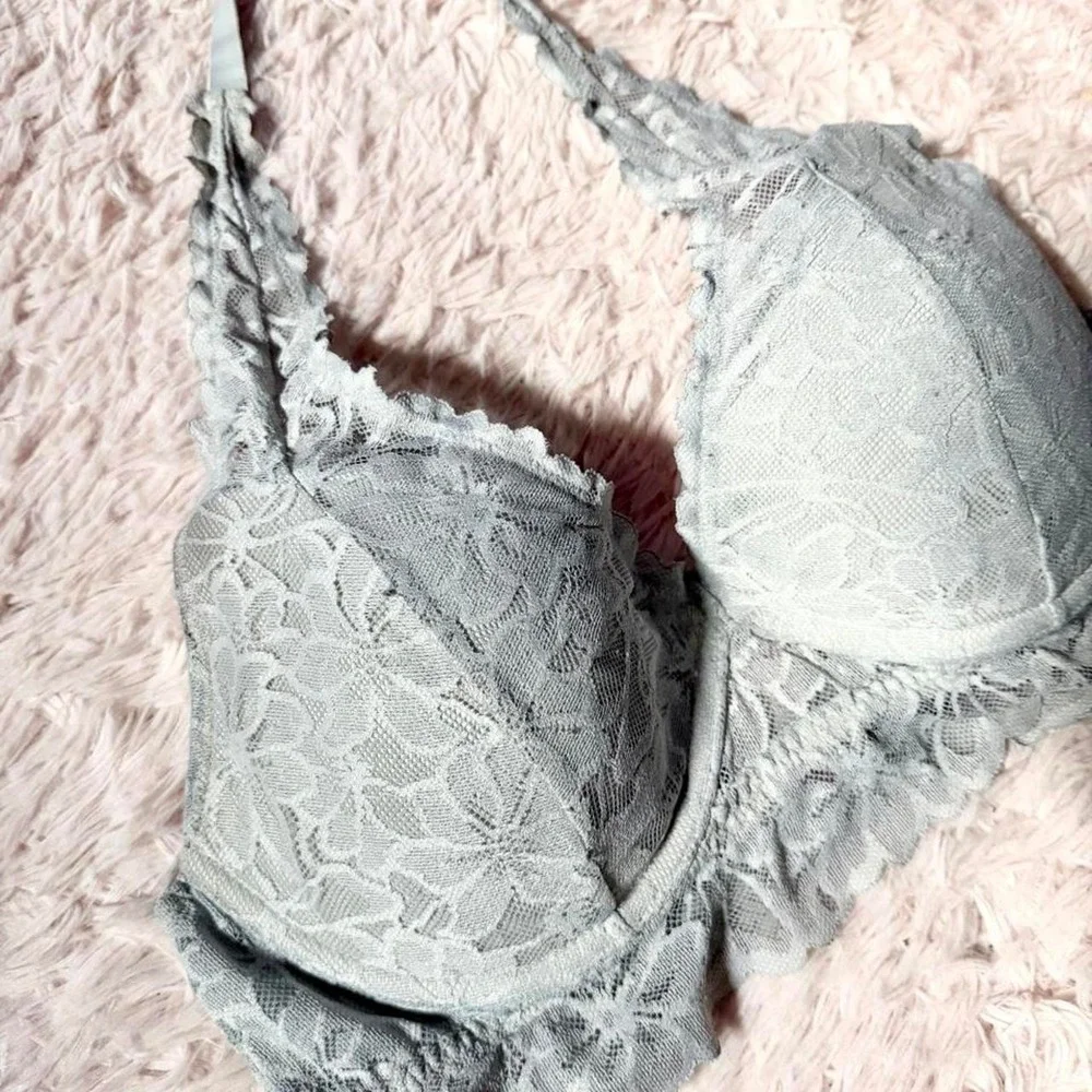 Victorias Secret PINK Gray Lace Preppy Varsity Campus Halter Bra Womens L Fairy